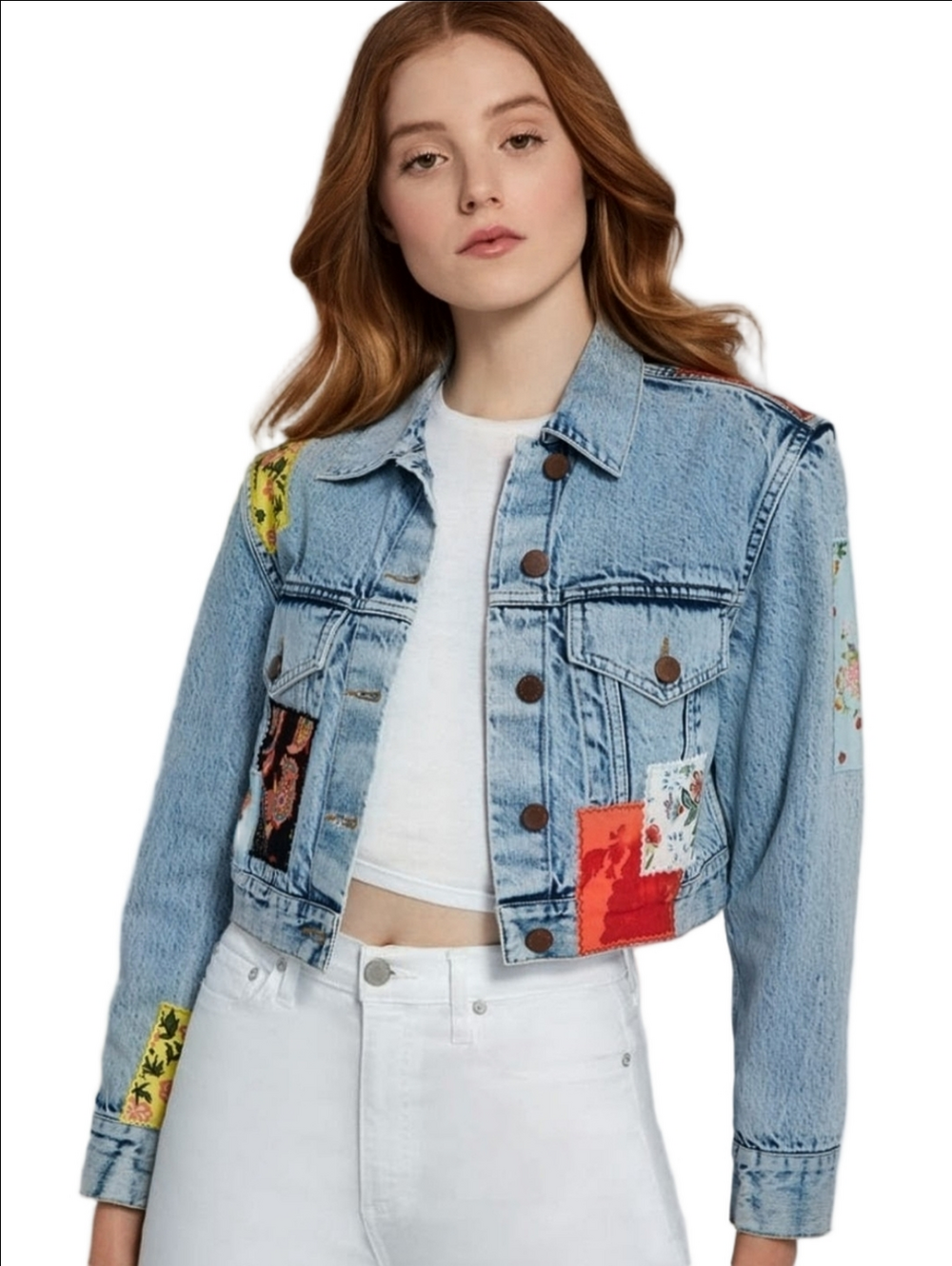 ALICE + OLIVIA LIGHT BLUE DENIM CROPPED JACKET WITH FLORAL PATCHES ◾SIZE XS - Picture 3 of 16